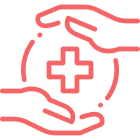 Hands encircling medical cross icon.