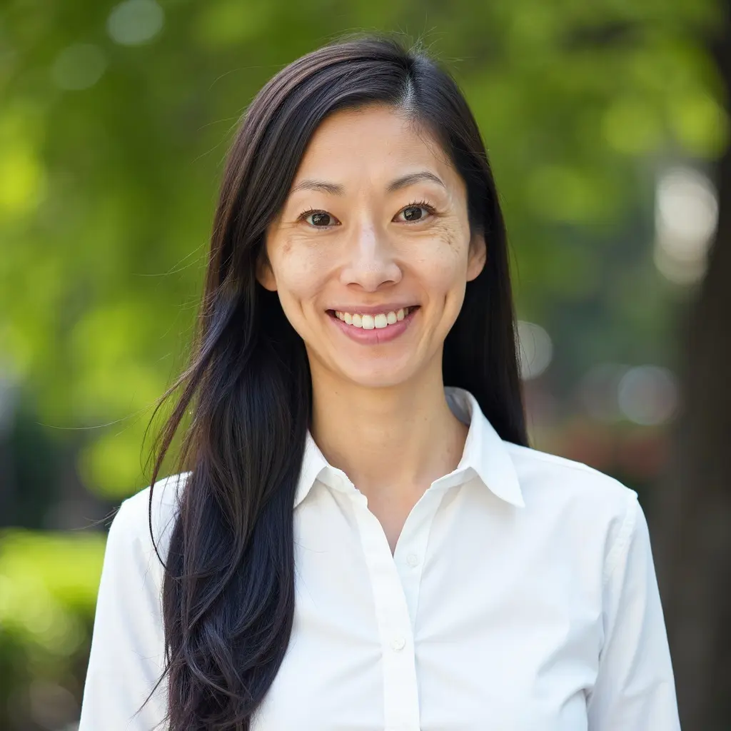 A smiling woman with long black hair outdoors.